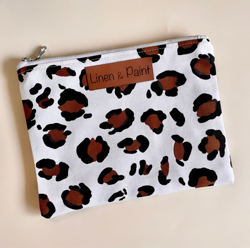 White Leopard Zipper Clutch